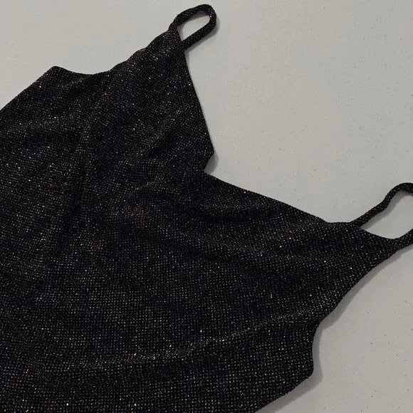 Vtg 90s Mesh Crop Tank Top M Medium Black Whimsigoth Sparkle Glitter Cowl - Picture 4 of 8